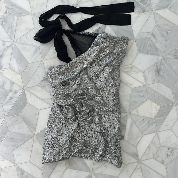 Roberto Rodriguez Sequin One Shoulder Top with Bow and Ruching - Picture 5 of 6